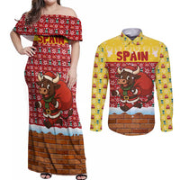 Spain Christmas Couples Matching Off Shoulder Maxi Dress and Long Sleeve Button Shirt with Santa Bull Brick Chimney Wreath and Festive Holiday - Wonder Print Shop