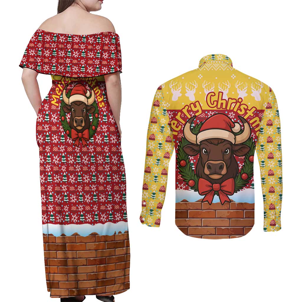 Spain Christmas Couples Matching Off Shoulder Maxi Dress and Long Sleeve Button Shirt with Santa Bull Brick Chimney Wreath and Festive Holiday - Wonder Print Shop