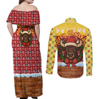 Spain Christmas Couples Matching Off Shoulder Maxi Dress and Long Sleeve Button Shirt with Santa Bull Brick Chimney Wreath and Festive Holiday - Wonder Print Shop