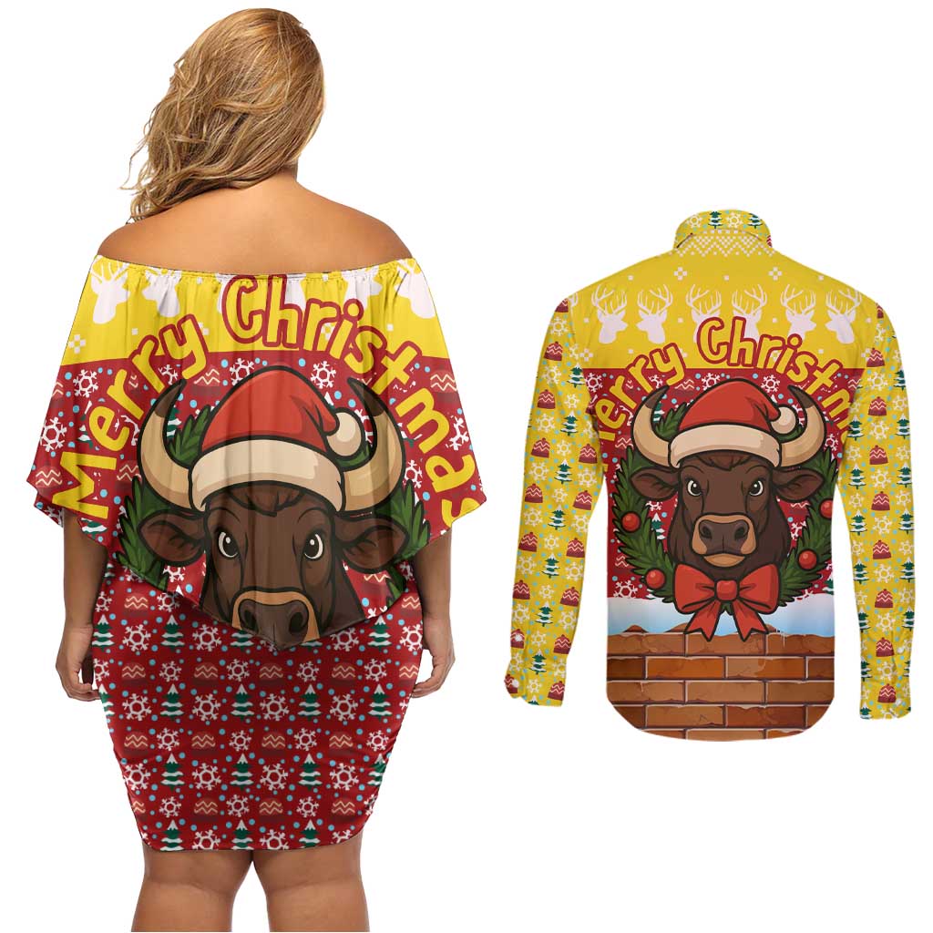 Spain Christmas Couples Matching Off Shoulder Short Dress and Long Sleeve Button Shirt with Santa Bull Brick Chimney Wreath and Festive Holiday - Wonder Print Shop