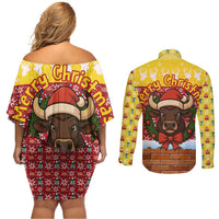 Spain Christmas Couples Matching Off Shoulder Short Dress and Long Sleeve Button Shirt with Santa Bull Brick Chimney Wreath and Festive Holiday - Wonder Print Shop