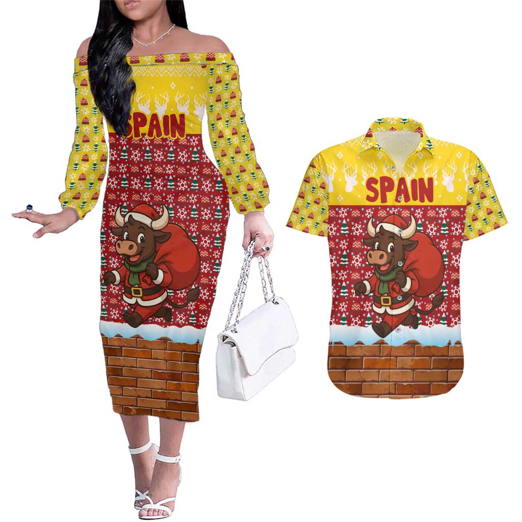Spain Christmas Couples Matching Off The Shoulder Long Sleeve Dress and Hawaiian Shirt with Santa Bull Brick Chimney Wreath and Festive Holiday - Wonder Print Shop