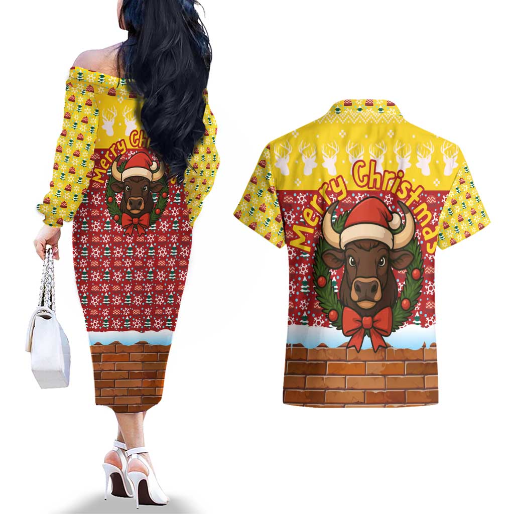 Spain Christmas Couples Matching Off The Shoulder Long Sleeve Dress and Hawaiian Shirt with Santa Bull Brick Chimney Wreath and Festive Holiday - Wonder Print Shop