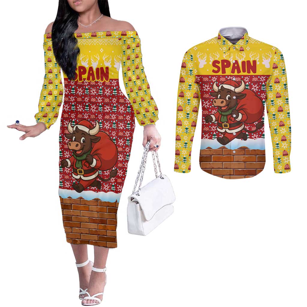Spain Christmas Couples Matching Off The Shoulder Long Sleeve Dress and Long Sleeve Button Shirt with Santa Bull Brick Chimney Wreath and Festive Holiday - Wonder Print Shop