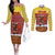 Spain Christmas Couples Matching Off The Shoulder Long Sleeve Dress and Long Sleeve Button Shirt with Santa Bull Brick Chimney Wreath and Festive Holiday - Wonder Print Shop