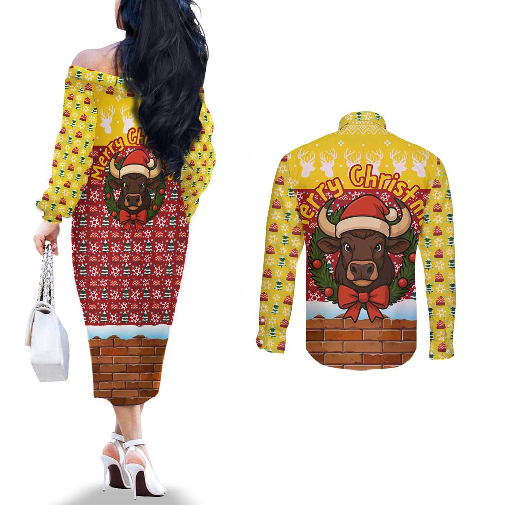 Spain Christmas Couples Matching Off The Shoulder Long Sleeve Dress and Long Sleeve Button Shirt with Santa Bull Brick Chimney Wreath and Festive Holiday - Wonder Print Shop