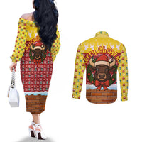 Spain Christmas Couples Matching Off The Shoulder Long Sleeve Dress and Long Sleeve Button Shirt with Santa Bull Brick Chimney Wreath and Festive Holiday - Wonder Print Shop
