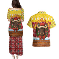 Spain Christmas Couples Matching Puletasi and Hawaiian Shirt with Santa Bull Brick Chimney Wreath and Festive Holiday - Wonder Print Shop