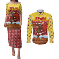 Spain Christmas Couples Matching Puletasi and Long Sleeve Button Shirt with Santa Bull Brick Chimney Wreath and Festive Holiday - Wonder Print Shop