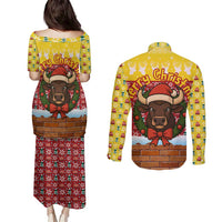 Spain Christmas Couples Matching Puletasi and Long Sleeve Button Shirt with Santa Bull Brick Chimney Wreath and Festive Holiday - Wonder Print Shop