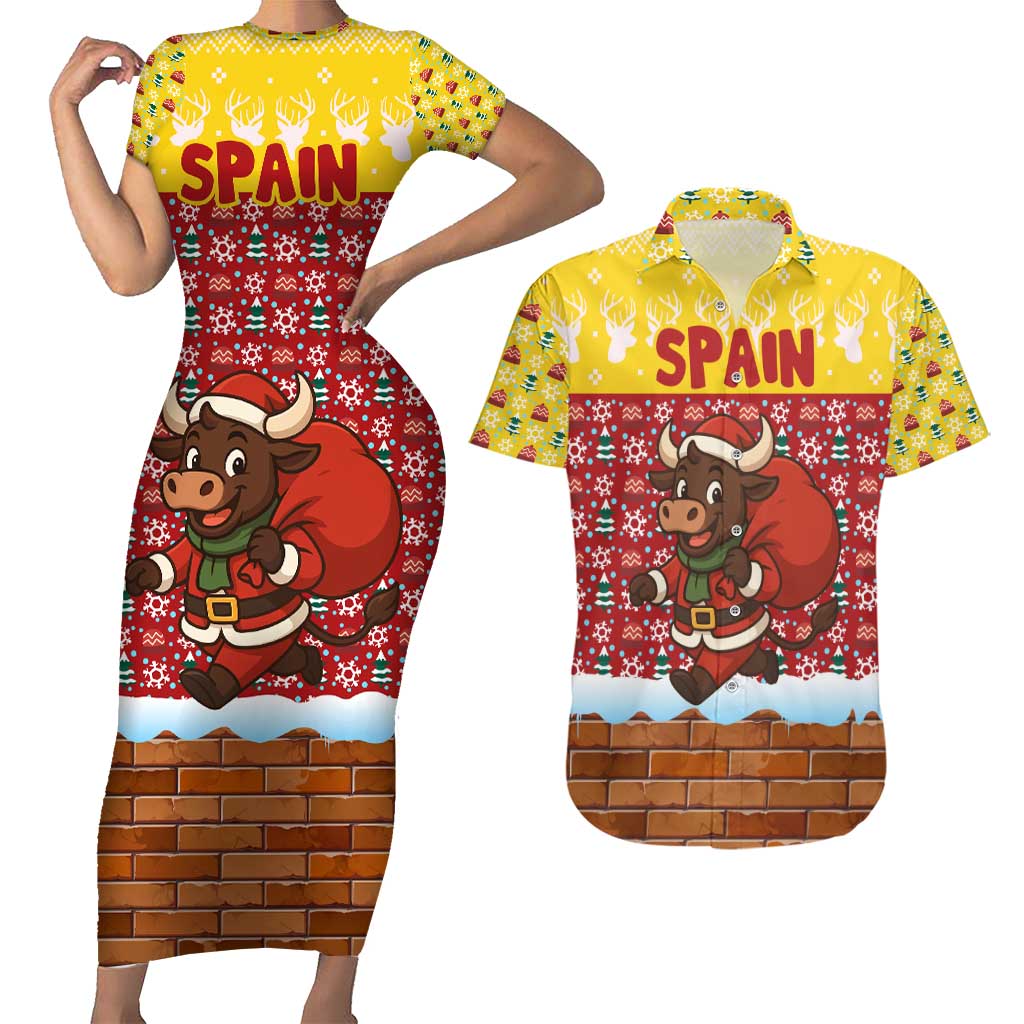 Spain Christmas Couples Matching Short Sleeve Bodycon Dress and Hawaiian Shirt with Santa Bull Brick Chimney Wreath and Festive Holiday - Wonder Print Shop