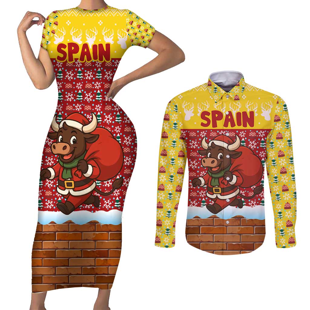 Spain Christmas Couples Matching Short Sleeve Bodycon Dress and Long Sleeve Button Shirt with Santa Bull Brick Chimney Wreath and Festive Holiday - Wonder Print Shop