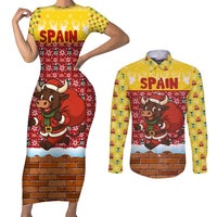 Spain Christmas Couples Matching Short Sleeve Bodycon Dress and Long Sleeve Button Shirt with Santa Bull Brick Chimney Wreath and Festive Holiday - Wonder Print Shop
