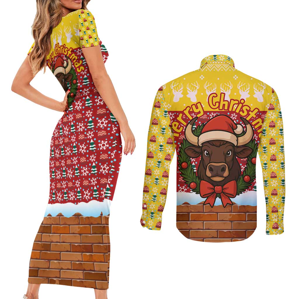 Spain Christmas Couples Matching Short Sleeve Bodycon Dress and Long Sleeve Button Shirt with Santa Bull Brick Chimney Wreath and Festive Holiday - Wonder Print Shop