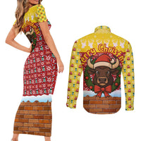 Spain Christmas Couples Matching Short Sleeve Bodycon Dress and Long Sleeve Button Shirt with Santa Bull Brick Chimney Wreath and Festive Holiday - Wonder Print Shop