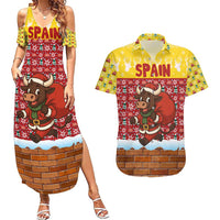 Spain Christmas Couples Matching Summer Maxi Dress and Hawaiian Shirt with Santa Bull Brick Chimney Wreath and Festive Holiday - Wonder Print Shop