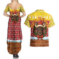 Spain Christmas Couples Matching Summer Maxi Dress and Hawaiian Shirt with Santa Bull Brick Chimney Wreath and Festive Holiday - Wonder Print Shop