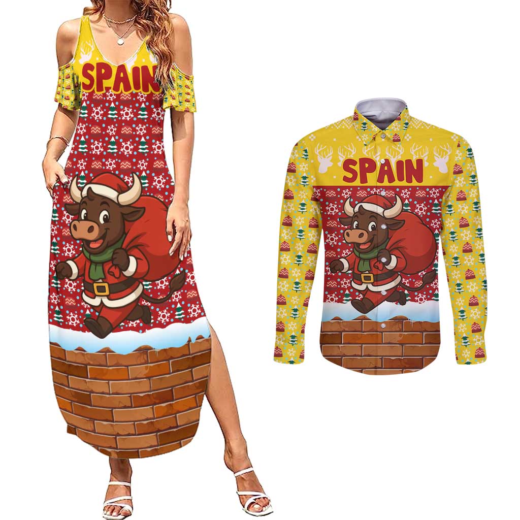 Spain Christmas Couples Matching Summer Maxi Dress and Long Sleeve Button Shirt with Santa Bull Brick Chimney Wreath and Festive Holiday - Wonder Print Shop