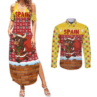 Spain Christmas Couples Matching Summer Maxi Dress and Long Sleeve Button Shirt with Santa Bull Brick Chimney Wreath and Festive Holiday - Wonder Print Shop