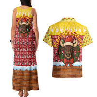 Spain Christmas Couples Matching Tank Maxi Dress and Hawaiian Shirt with Santa Bull Brick Chimney Wreath and Festive Holiday - Wonder Print Shop