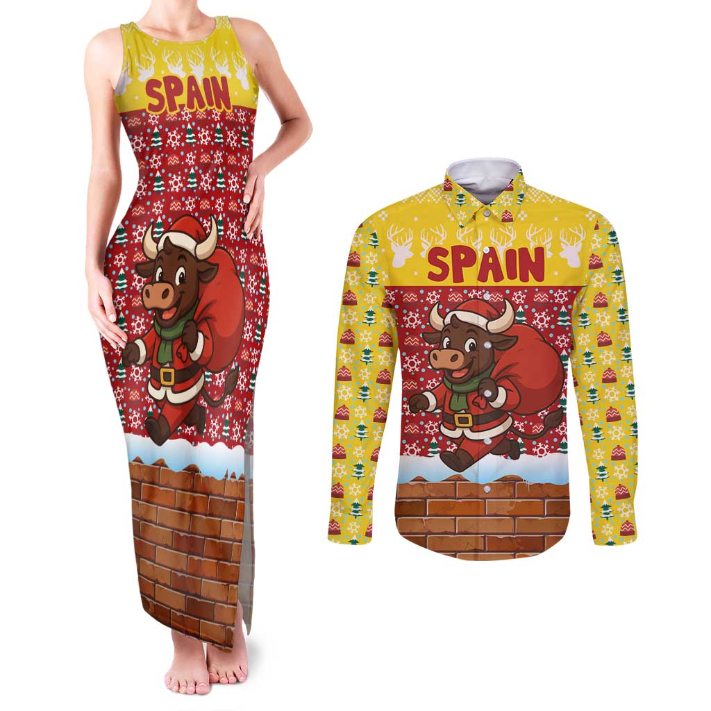 Spain Christmas Couples Matching Tank Maxi Dress and Long Sleeve Button Shirt with Santa Bull Brick Chimney Wreath and Festive Holiday - Wonder Print Shop