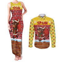 Spain Christmas Couples Matching Tank Maxi Dress and Long Sleeve Button Shirt with Santa Bull Brick Chimney Wreath and Festive Holiday - Wonder Print Shop