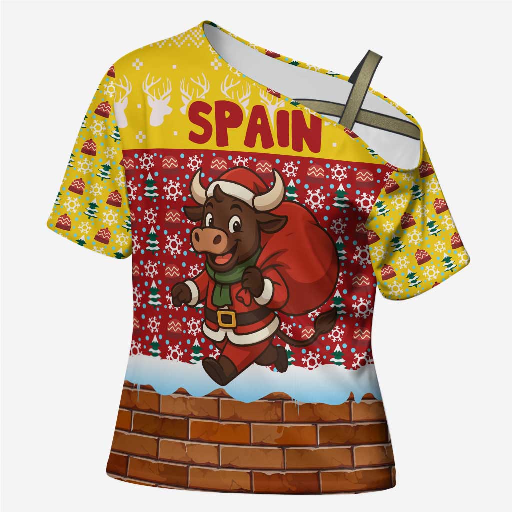 Spain Christmas Cross Shoulder Shirt with Santa Bull Brick Chimney Wreath and Festive Holiday - Wonder Print Shop