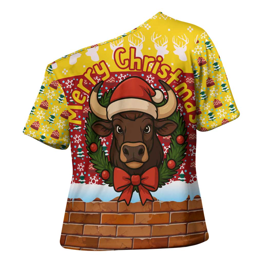 Spain Christmas Cross Shoulder Shirt with Santa Bull Brick Chimney Wreath and Festive Holiday - Wonder Print Shop
