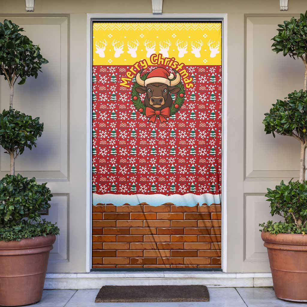 Spain Christmas Door Cover with Santa Bull Brick Chimney Wreath and Festive Holiday - Wonder Print Shop