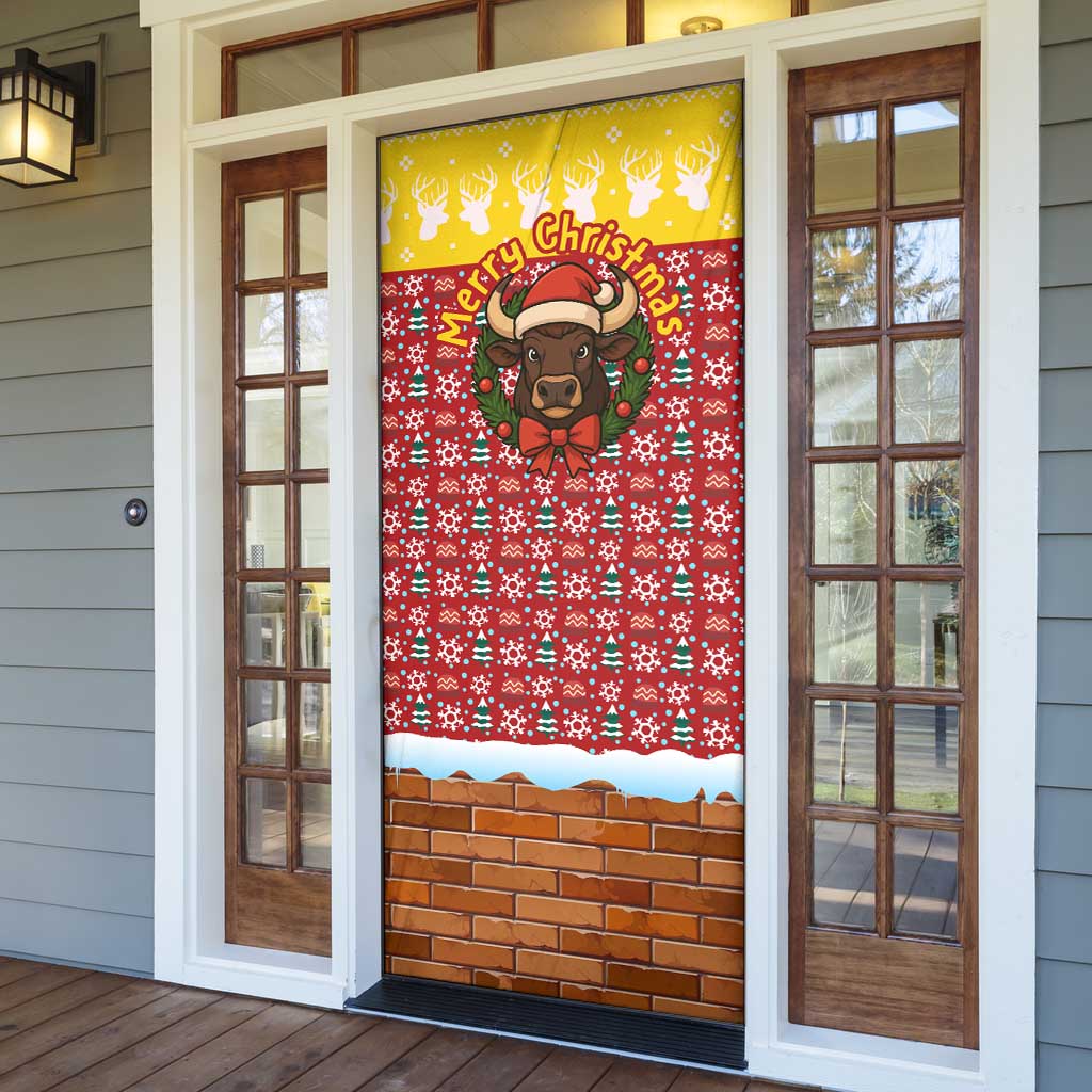 Spain Christmas Door Cover with Santa Bull Brick Chimney Wreath and Festive Holiday - Wonder Print Shop