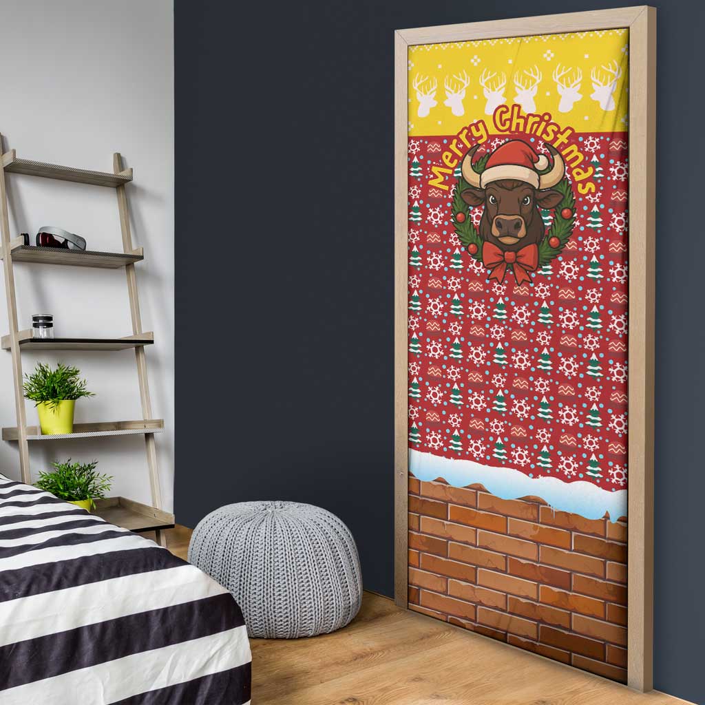 Spain Christmas Door Cover with Santa Bull Brick Chimney Wreath and Festive Holiday - Wonder Print Shop