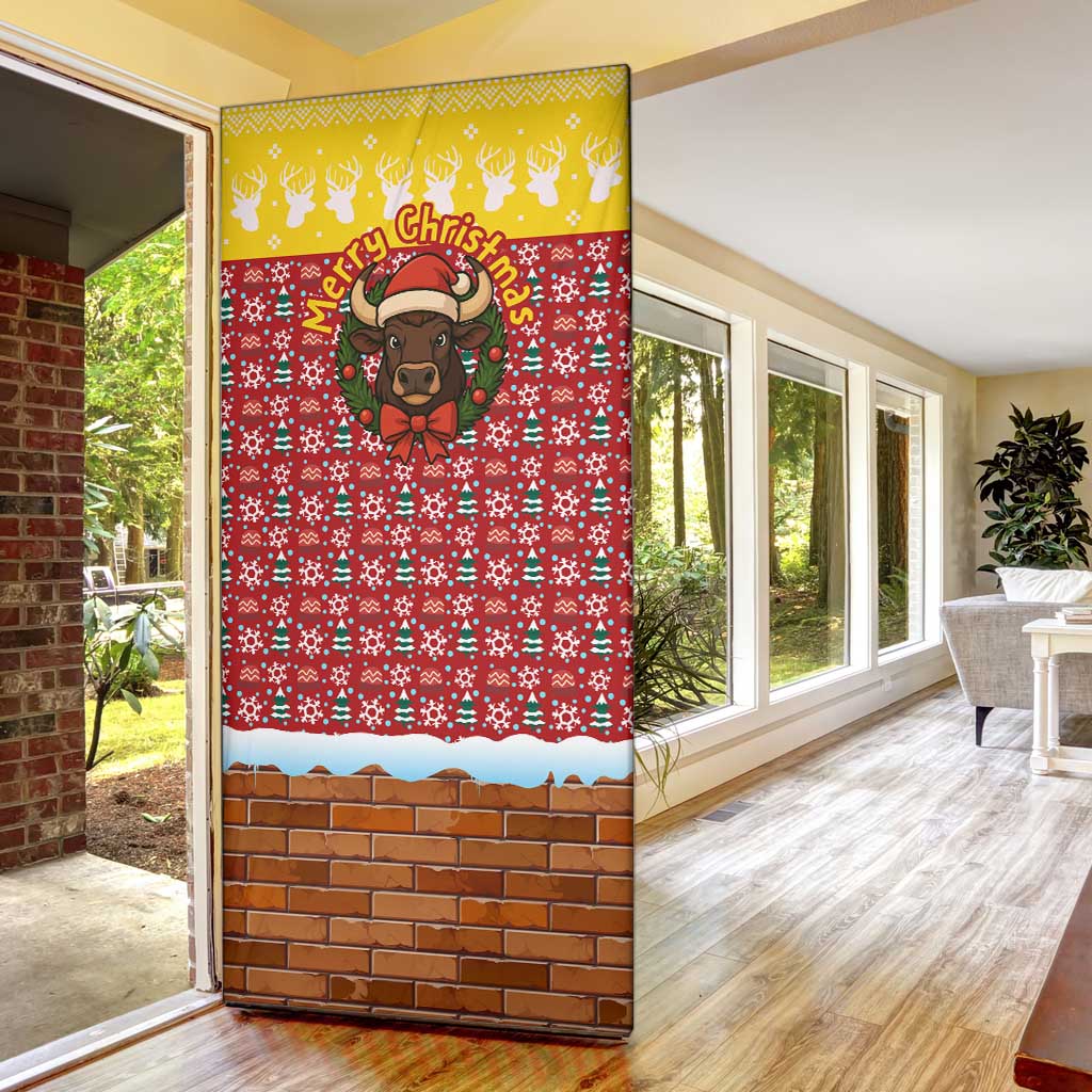 Spain Christmas Door Cover with Santa Bull Brick Chimney Wreath and Festive Holiday - Wonder Print Shop