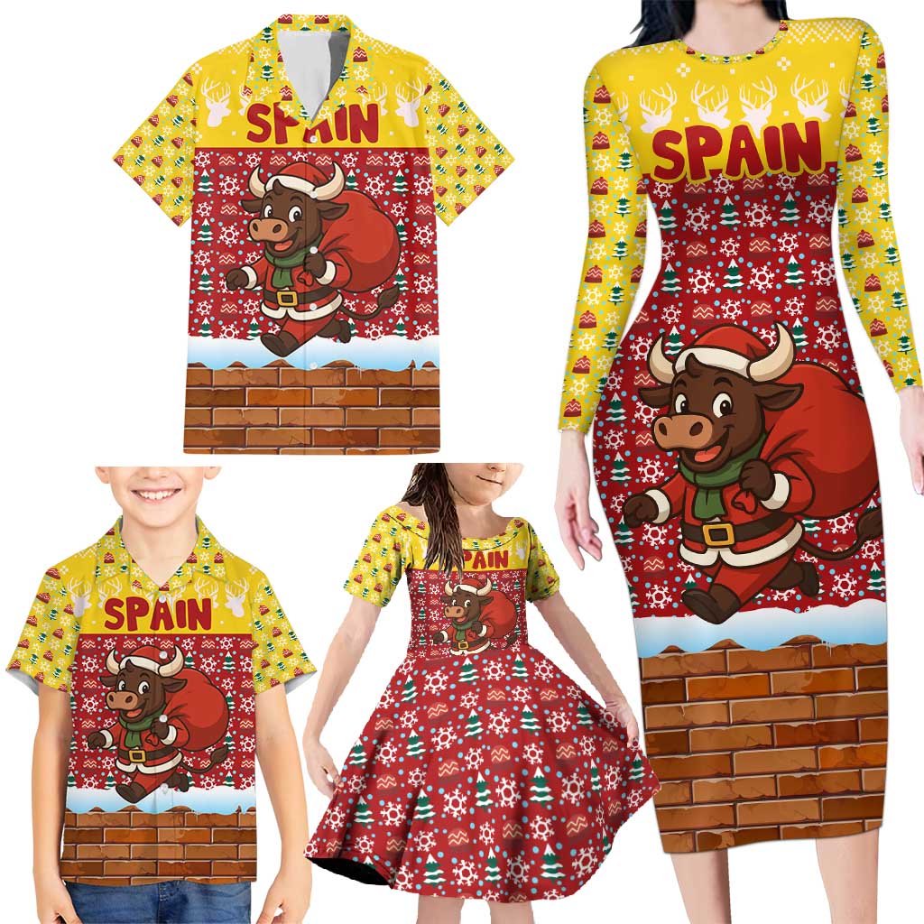 Spain Christmas Family Matching Long Sleeve Bodycon Dress and Hawaiian Shirt with Santa Bull Brick Chimney Wreath and Festive Holiday - Wonder Print Shop