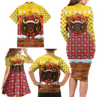 Spain Christmas Family Matching Long Sleeve Bodycon Dress and Hawaiian Shirt with Santa Bull Brick Chimney Wreath and Festive Holiday - Wonder Print Shop