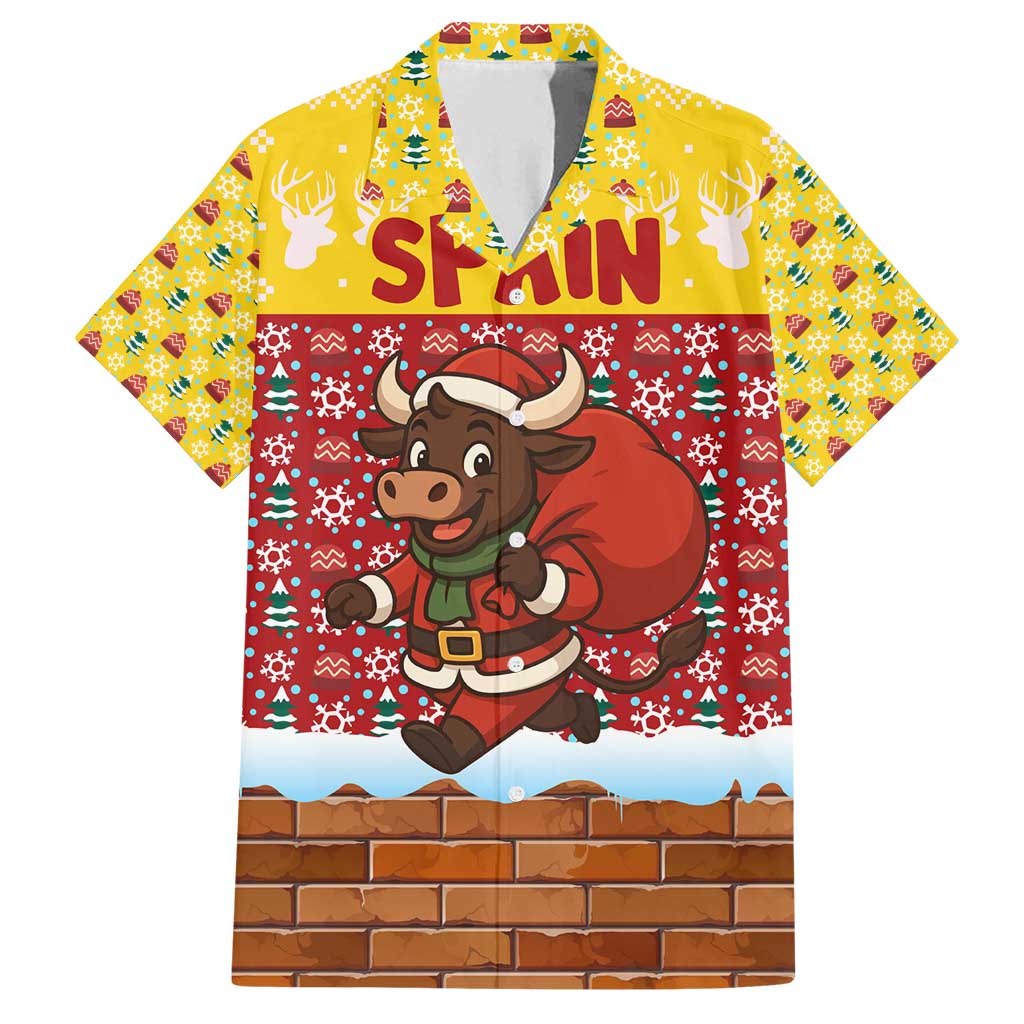 Spain Christmas Family Matching Long Sleeve Bodycon Dress and Hawaiian Shirt with Santa Bull Brick Chimney Wreath and Festive Holiday - Wonder Print Shop
