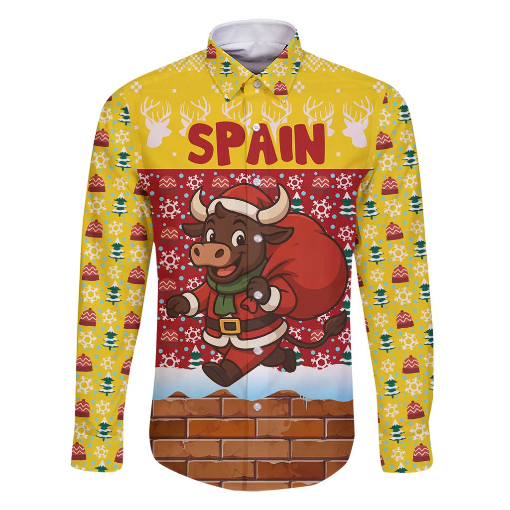 Spain Christmas Family Matching Long Sleeve Bodycon Dress and Hawaiian Shirt with Santa Bull Brick Chimney Wreath and Festive Holiday - Wonder Print Shop