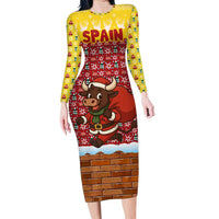 Spain Christmas Family Matching Long Sleeve Bodycon Dress and Hawaiian Shirt with Santa Bull Brick Chimney Wreath and Festive Holiday - Wonder Print Shop