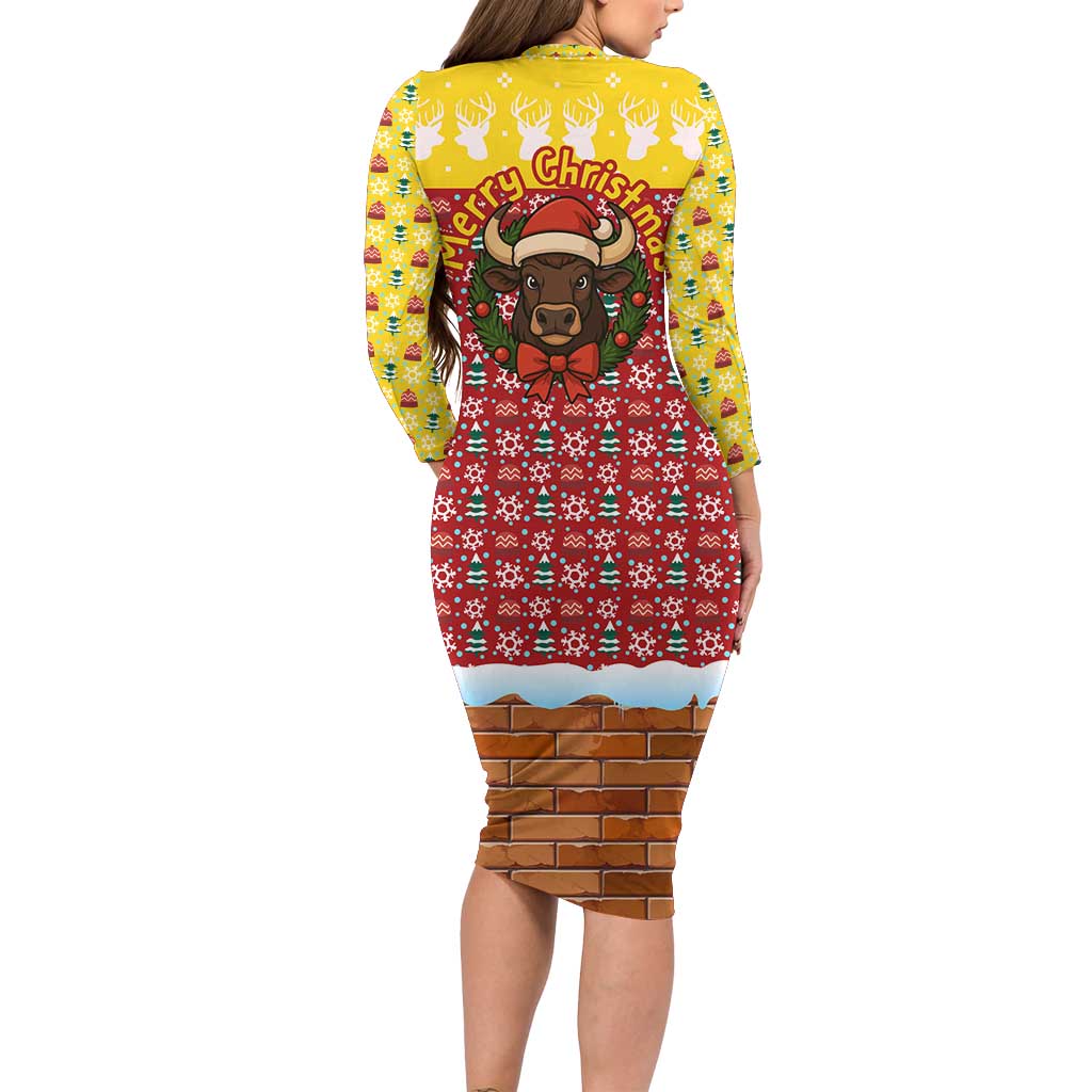 Spain Christmas Family Matching Long Sleeve Bodycon Dress and Hawaiian Shirt with Santa Bull Brick Chimney Wreath and Festive Holiday - Wonder Print Shop