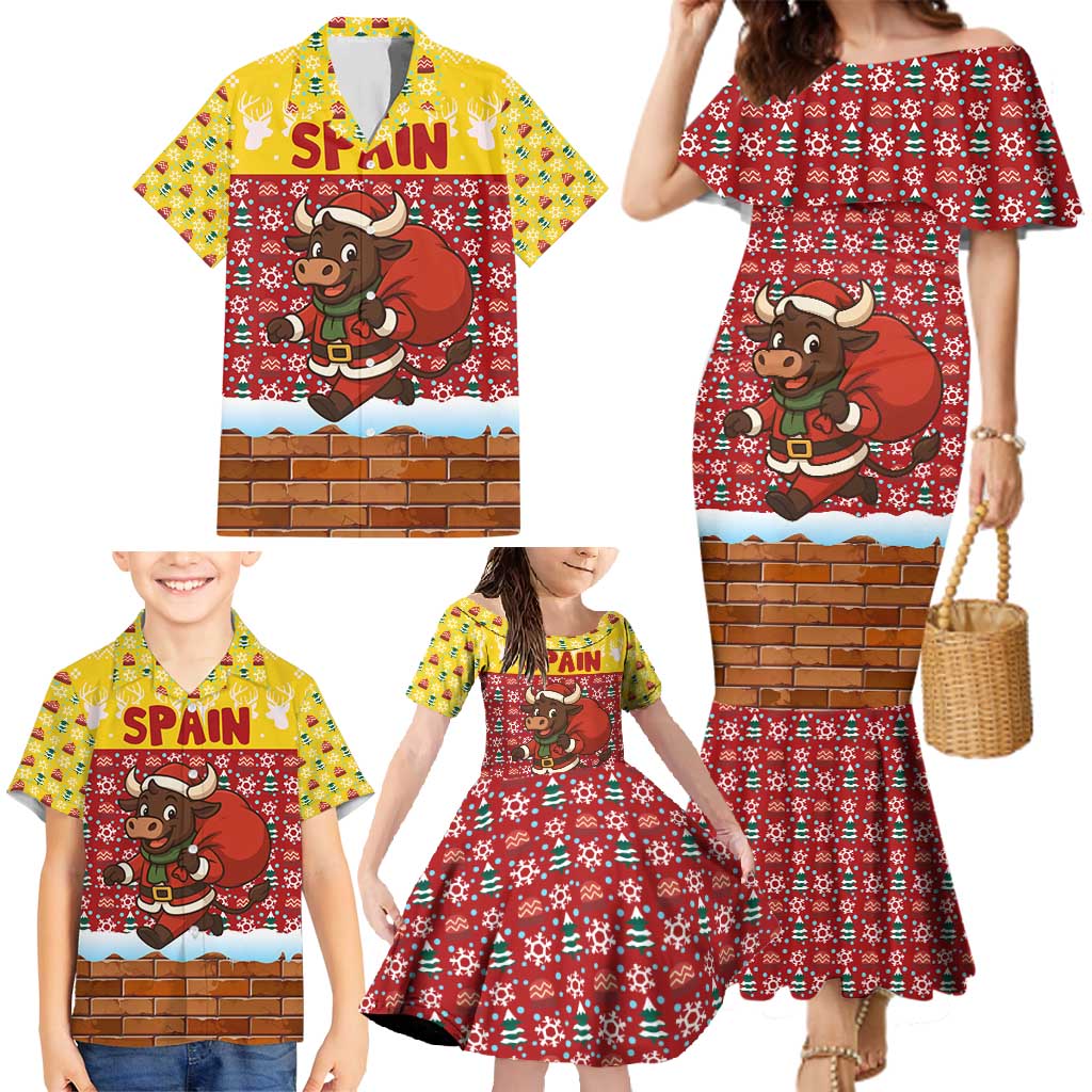 Spain Christmas Family Matching Mermaid Dress and Hawaiian Shirt with Santa Bull Brick Chimney Wreath and Festive Holiday - Wonder Print Shop