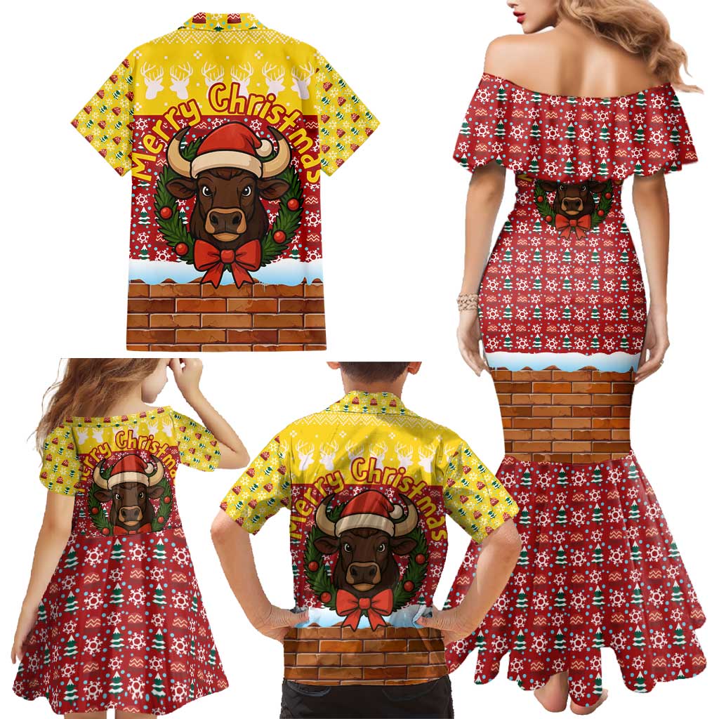 Spain Christmas Family Matching Mermaid Dress and Hawaiian Shirt with Santa Bull Brick Chimney Wreath and Festive Holiday - Wonder Print Shop