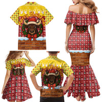 Spain Christmas Family Matching Mermaid Dress and Hawaiian Shirt with Santa Bull Brick Chimney Wreath and Festive Holiday - Wonder Print Shop
