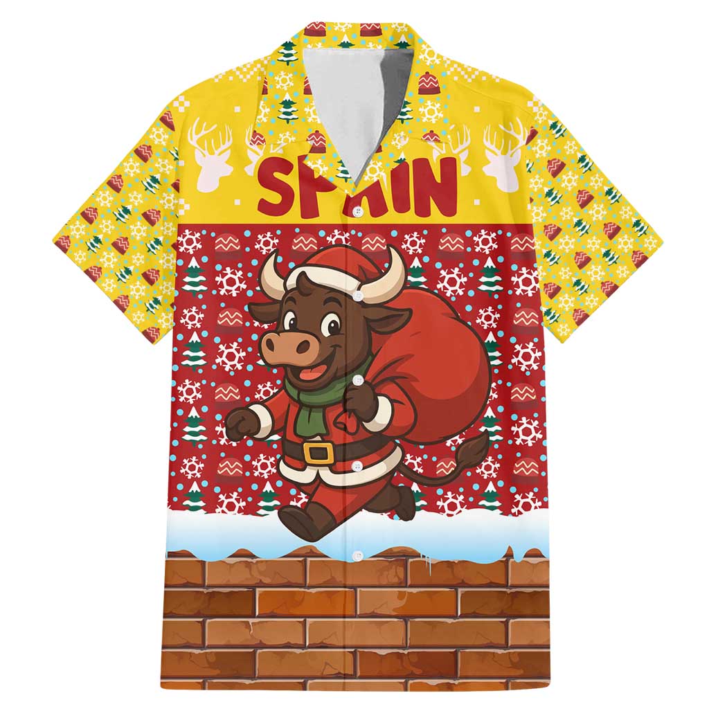 Spain Christmas Family Matching Mermaid Dress and Hawaiian Shirt with Santa Bull Brick Chimney Wreath and Festive Holiday - Wonder Print Shop