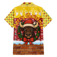 Spain Christmas Family Matching Off The Shoulder Long Sleeve Dress and Hawaiian Shirt with Santa Bull Brick Chimney Wreath and Festive Holiday - Wonder Print Shop