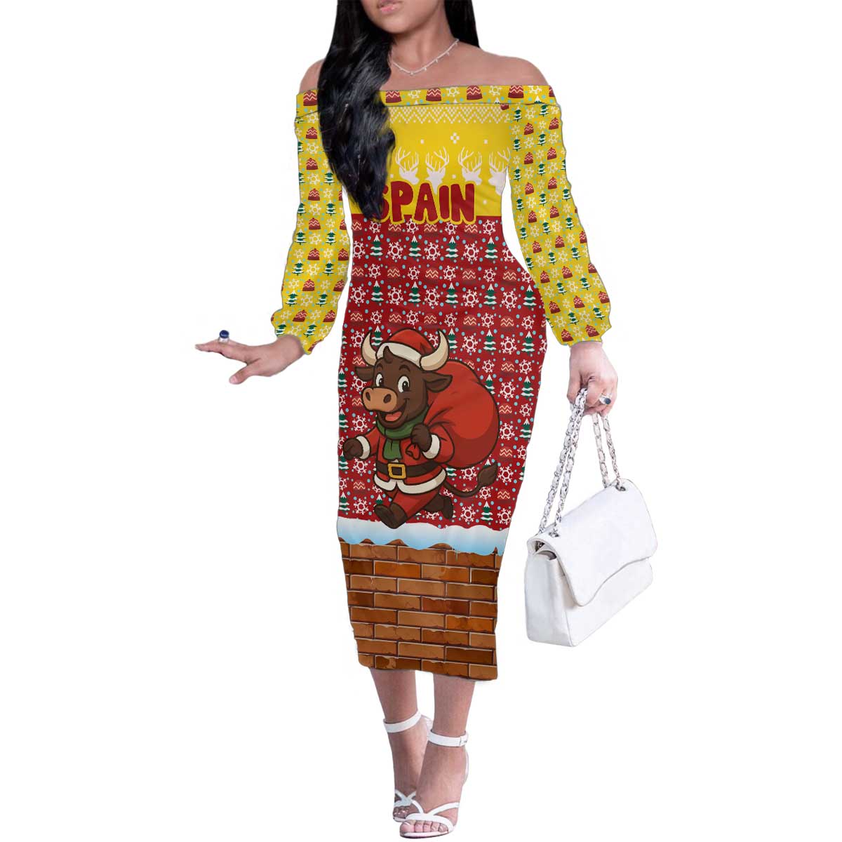 Spain Christmas Family Matching Off The Shoulder Long Sleeve Dress and Hawaiian Shirt with Santa Bull Brick Chimney Wreath and Festive Holiday - Wonder Print Shop