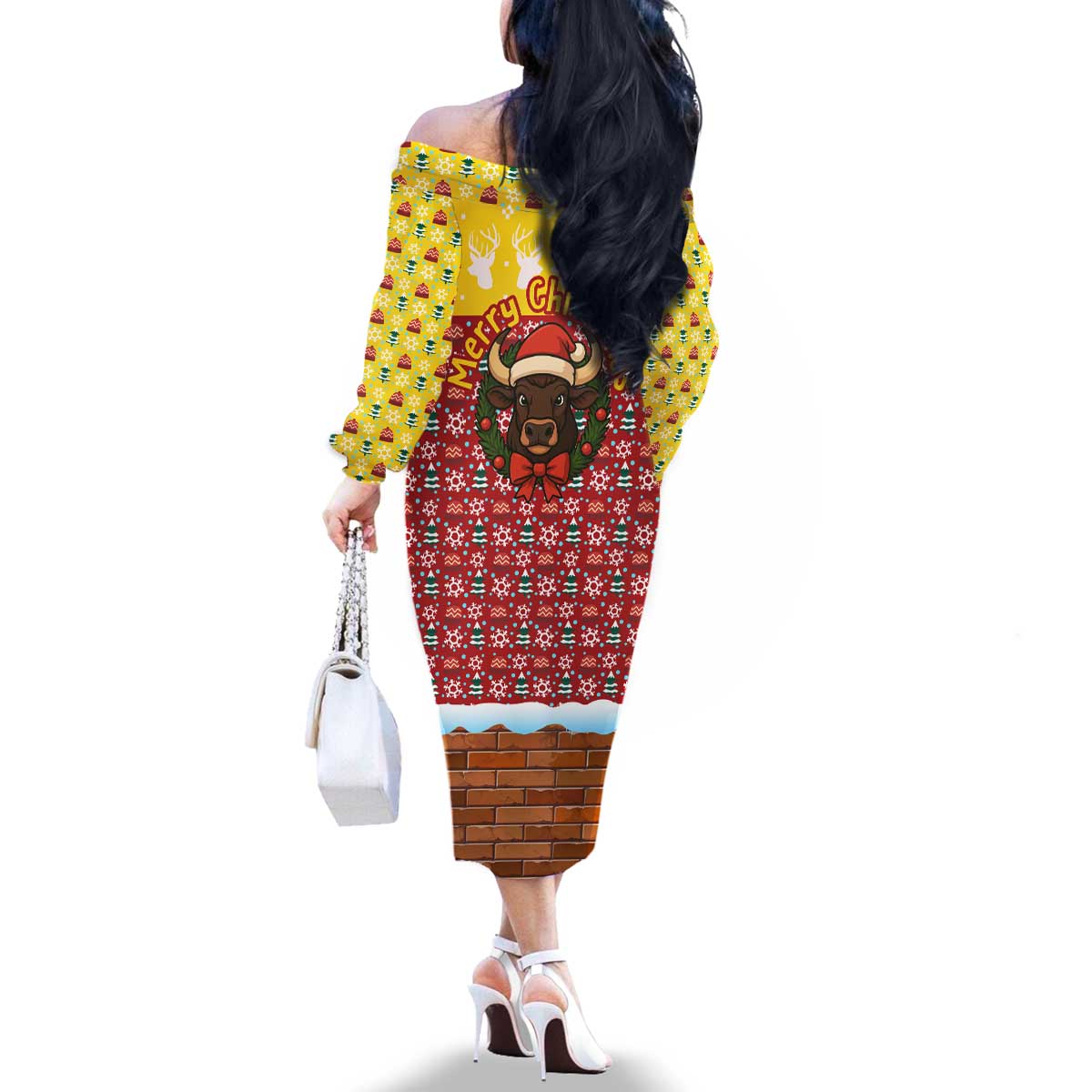 Spain Christmas Family Matching Off The Shoulder Long Sleeve Dress and Hawaiian Shirt with Santa Bull Brick Chimney Wreath and Festive Holiday - Wonder Print Shop