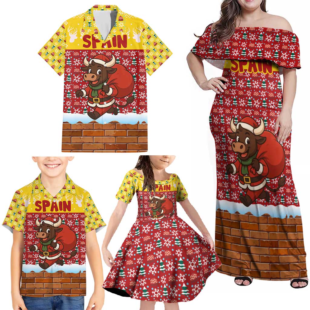 Spain Christmas Family Matching Off Shoulder Maxi Dress and Hawaiian Shirt with Santa Bull Brick Chimney Wreath and Festive Holiday - Wonder Print Shop