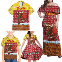 Spain Christmas Family Matching Off Shoulder Maxi Dress and Hawaiian Shirt with Santa Bull Brick Chimney Wreath and Festive Holiday - Wonder Print Shop