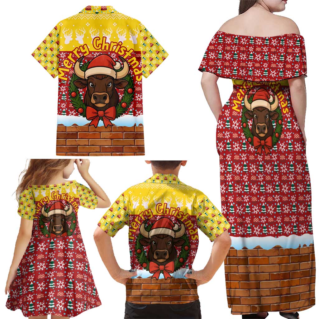 Spain Christmas Family Matching Off Shoulder Maxi Dress and Hawaiian Shirt with Santa Bull Brick Chimney Wreath and Festive Holiday - Wonder Print Shop