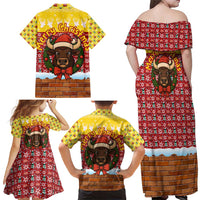 Spain Christmas Family Matching Off Shoulder Maxi Dress and Hawaiian Shirt with Santa Bull Brick Chimney Wreath and Festive Holiday - Wonder Print Shop