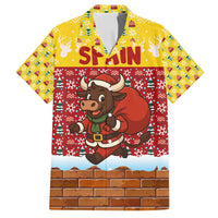 Spain Christmas Family Matching Off Shoulder Maxi Dress and Hawaiian Shirt with Santa Bull Brick Chimney Wreath and Festive Holiday - Wonder Print Shop